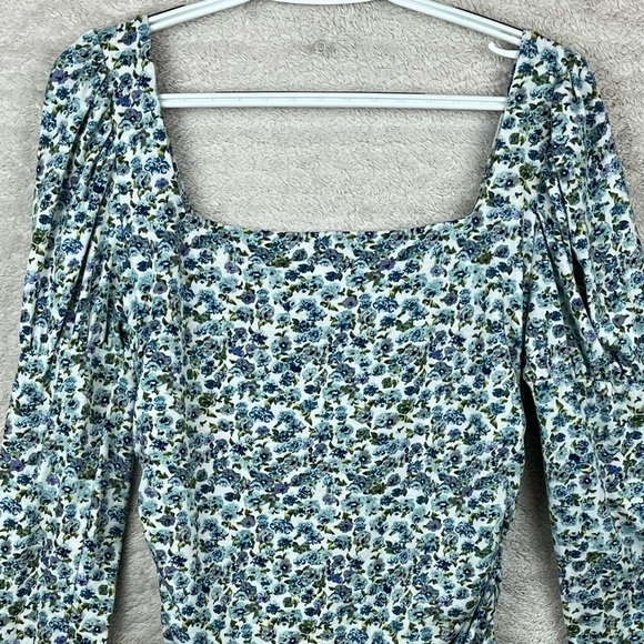 Cottagecore Floral Ruched Top Ditzy Print Puff Sleeve Large Square Neckline - Picture 9 of 15
